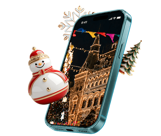 AR-смартфон с зимней Москвой, снеговиком, ёлкой и снежинкой