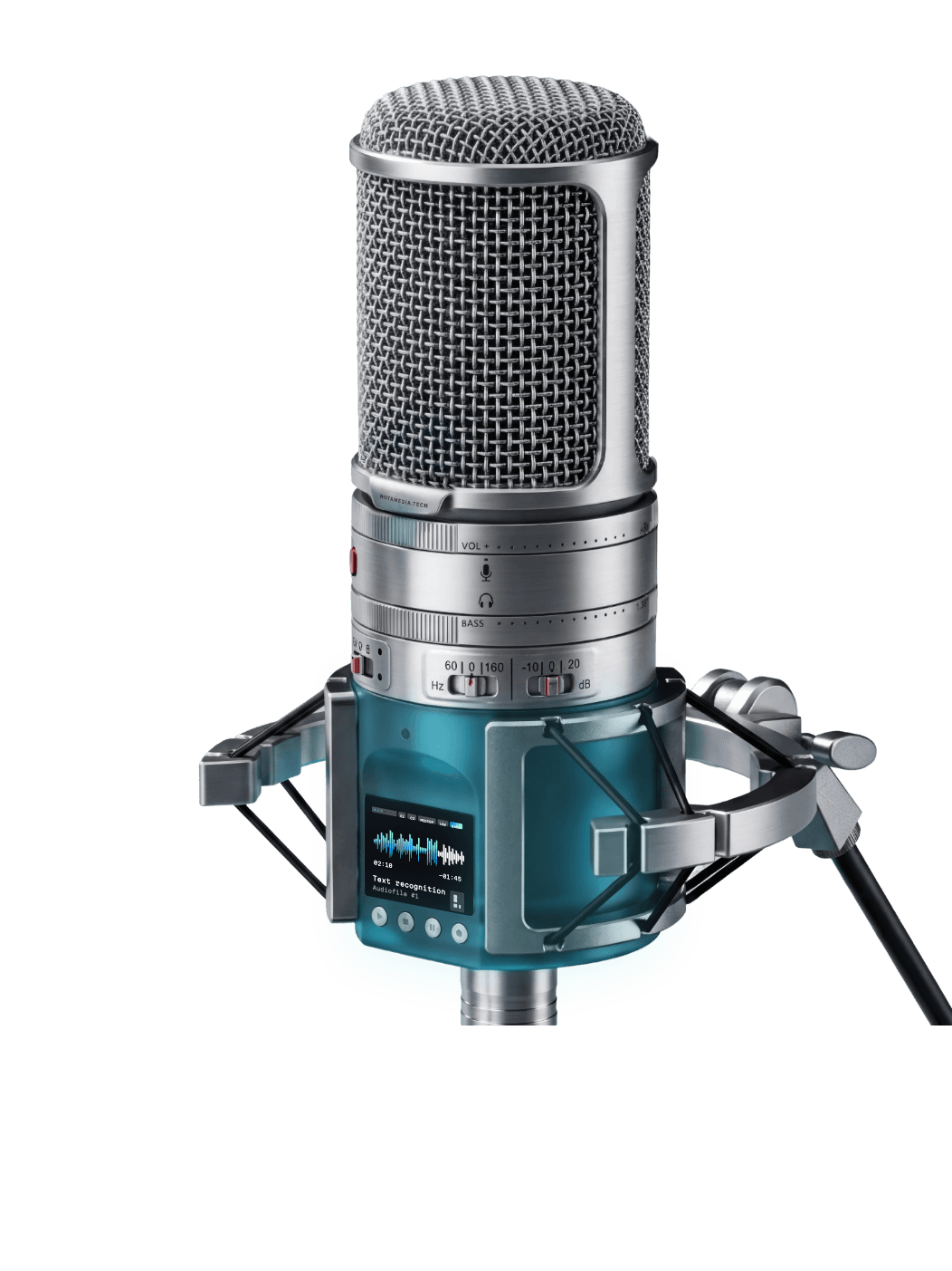 Voice AI — 3D-рендер студийного микрофона с экраном распознавания речи