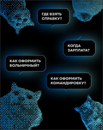 Коты с вопросами сотрудников: Где взять справку? Как оформить больничный? Когда зарплата? Как оформить командировку?